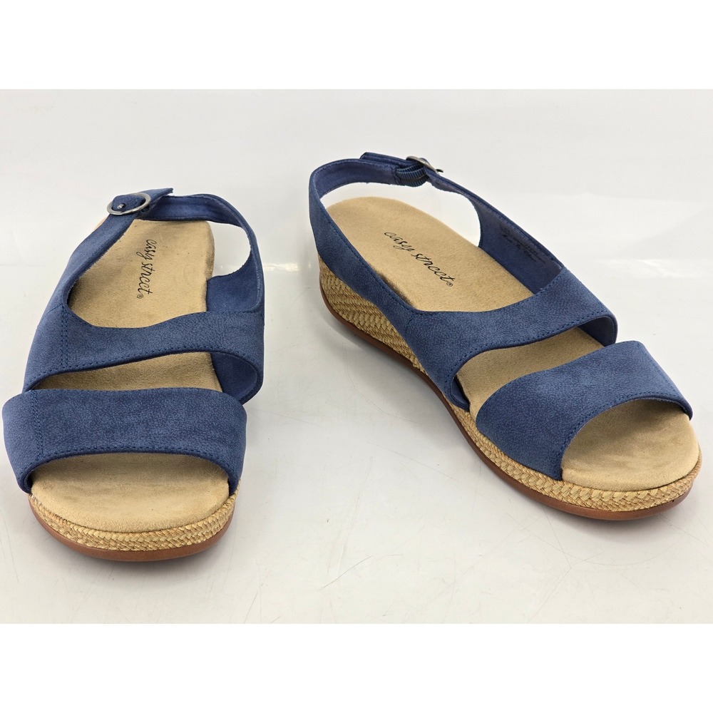 Easy Street Wedge Sandals Womens 10WW Blue Slingback Espadrille -Excellent